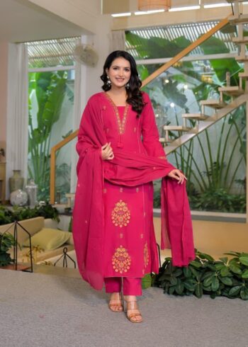 Pink Embroidered Kurta Set with Dupatta for Women