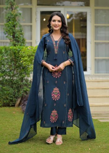 Navy Blue Embroidered Kurta Set with Dupatta