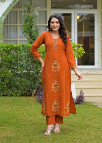 Rust Orange Embroidered Kurta Pant Set for Women